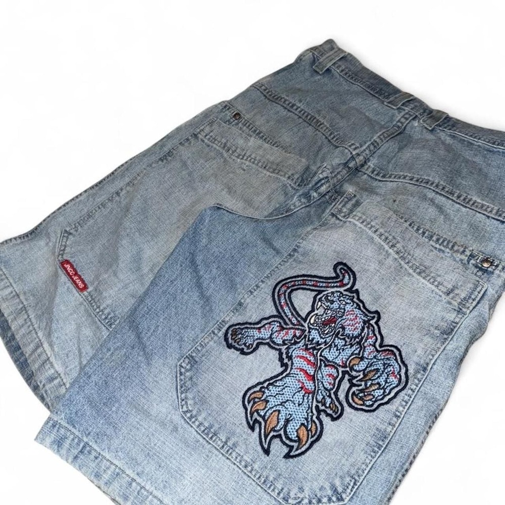Grail JNCO Bobcat Denim Jorts Mens Blue Good Vintage Embroidered Wide Leg 33